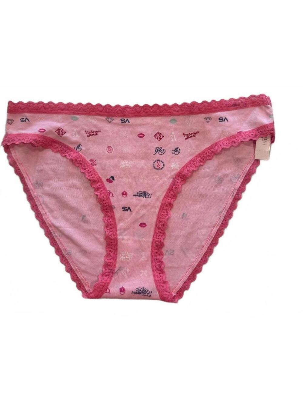 Victoria's Secret Pink Logo Print Lace Trim Bikini Panty M NWT